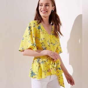 LOFT Yellow Floral Wrap-Tie Blouse